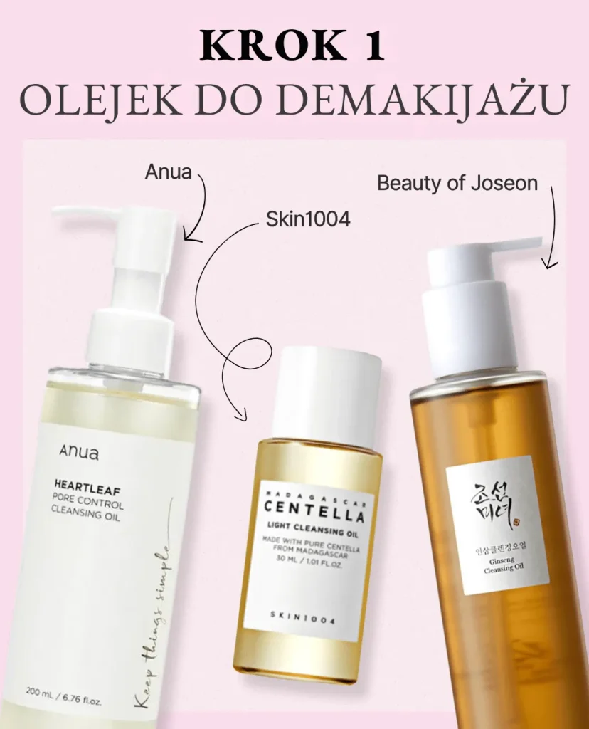 Krok 1 koreańskiej pielęgnacji: Olejek do demakijażu. Na jasnoróżowym tle trzy produkty: Anua Heartleaf Pore Control Cleansing Oil, Skin1004 Centella Light Cleansing Oil oraz Beauty of Joseon Ginseng Cleansing Oil.