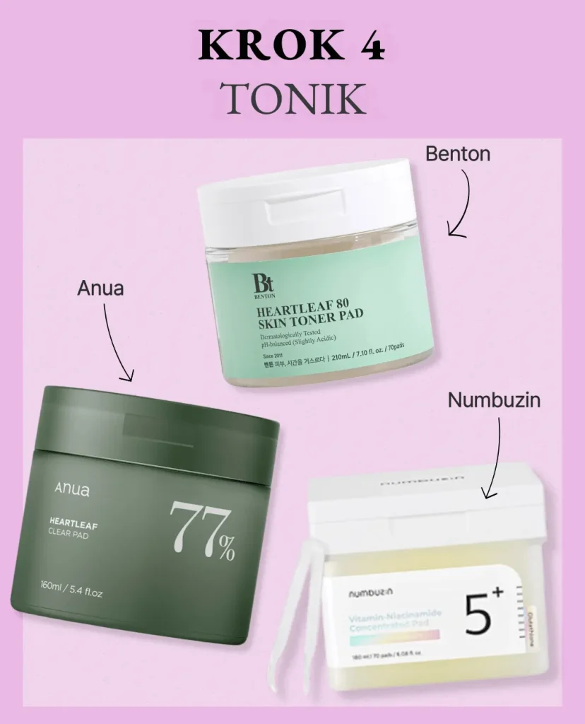 Krok 4 koreańskiej pielęgnacji: Tonik. Na liliowym tle trzy opakowania płatków tonizujących: Anua Heartleaf 77% Clear Pad, Benton Heartleaf 80% Skin Toner Pad oraz Numbuzin No. 5 Vitamin-Niacinamide Concentrated Pad.