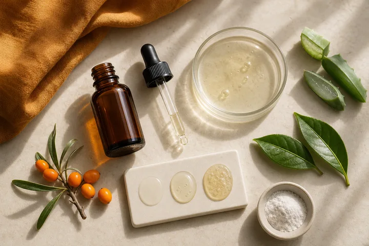 Anonimowa bursztynowa butelka serum, pipeta i próbki tekstur z inspiracjami antyoksydacyjnymi