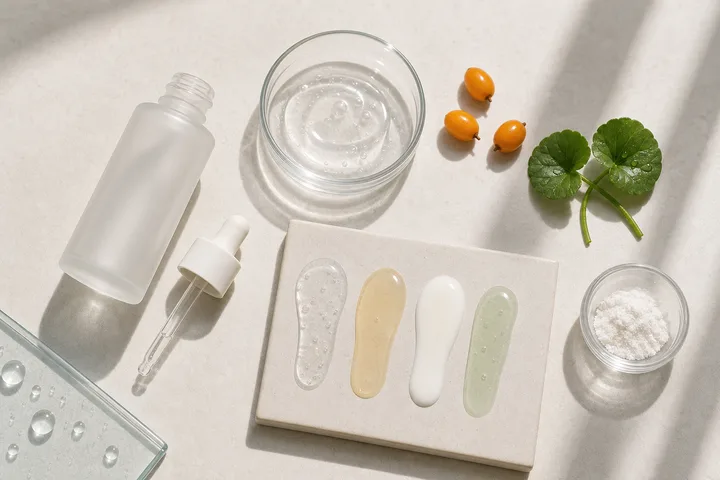 Anonimowa butelka serum, pipeta i cztery próbki tekstur dla różnych potrzeb skóry