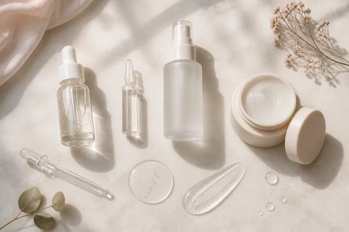 Anonimowe, pozbawione etykiet opakowania serum, ampułki, mgiełki i kremu PDRN